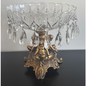 Vintage 50s Hollywood Regency Gilt Cherub Pedestal Crystal Bowl & Dangle Prisms